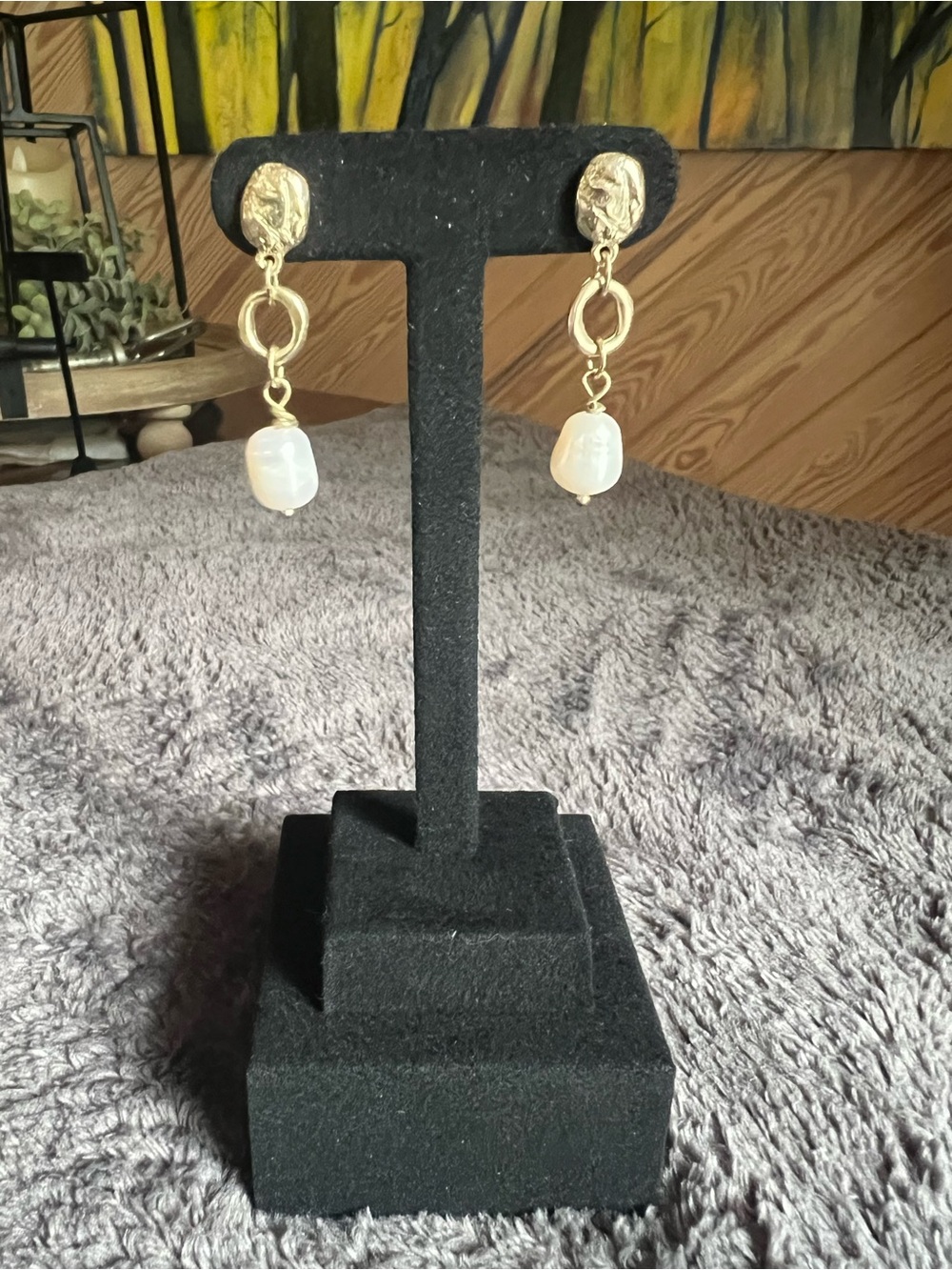 Gold Drop Earrings with White Pearl Dangles